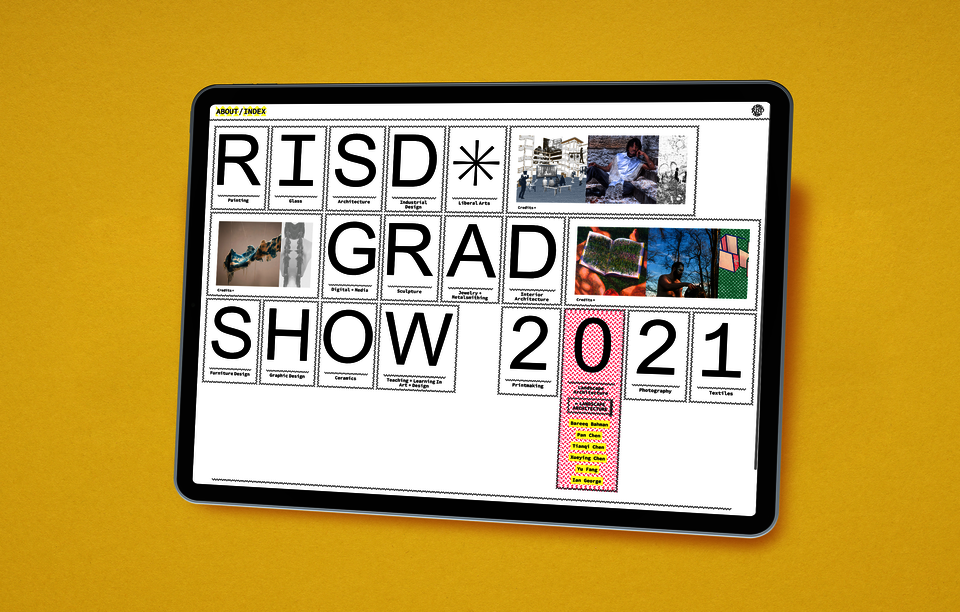On a yellow background is a poster organized into a grid containing letters and images. Main text says: “RISD Grad Show 2021.”
