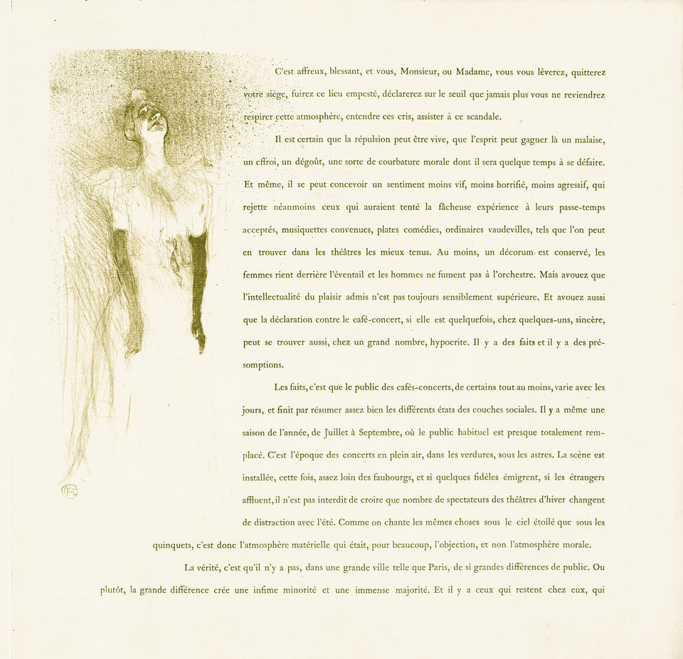 Illustration and text from 'Yvette Guilbert'. Guilbert stands in performance, lit from below. Her head is tipped back and she wears long gloves. Accompanied by paragraphs of text in French.