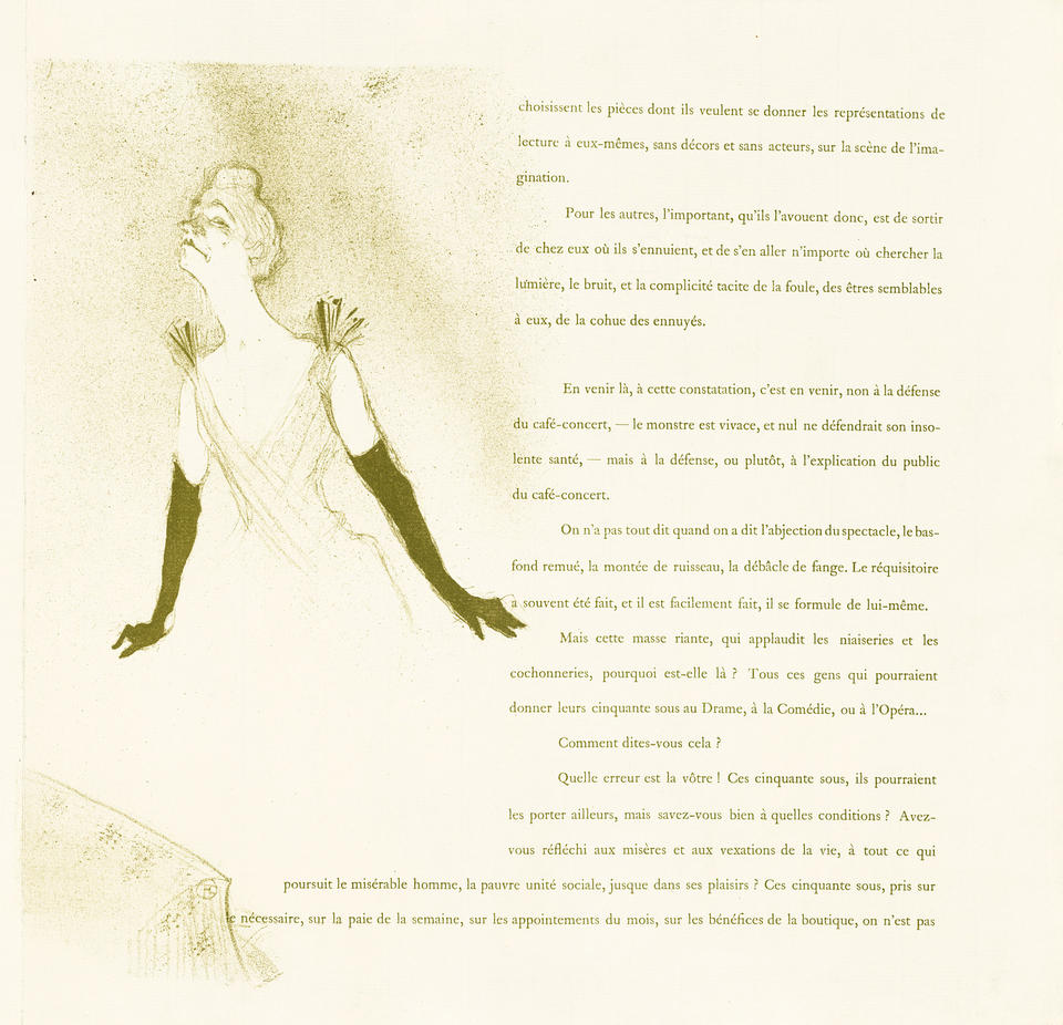 Illustration and text from 'Yvette Guilbert'. Guilbert is performing, lit from below. Her chin is tipped up and she wears long gloves. Accompanied by paragraphs of text in French.