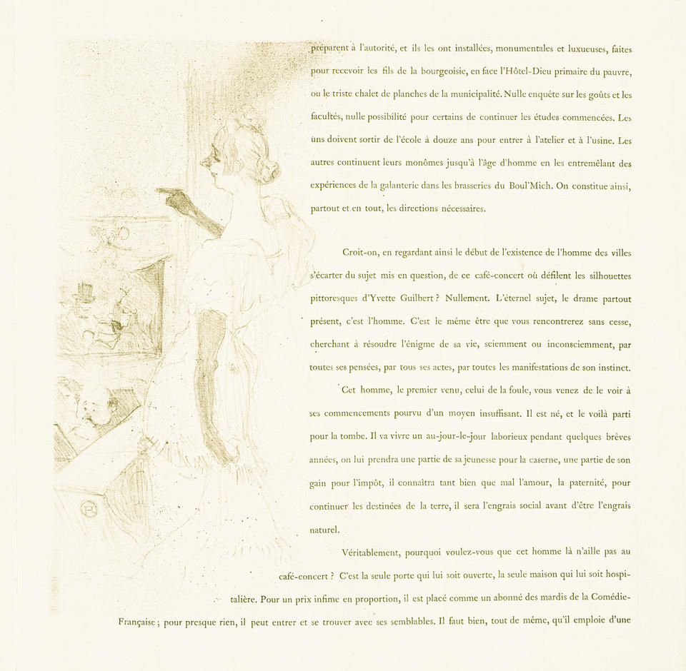Illustration and text from 'Yvette Guilbert'. Guilbert is in performance, seen diagonally from behind. She gestures with one gloved hand to the audience. Accompanied by paragraphs of text in French.