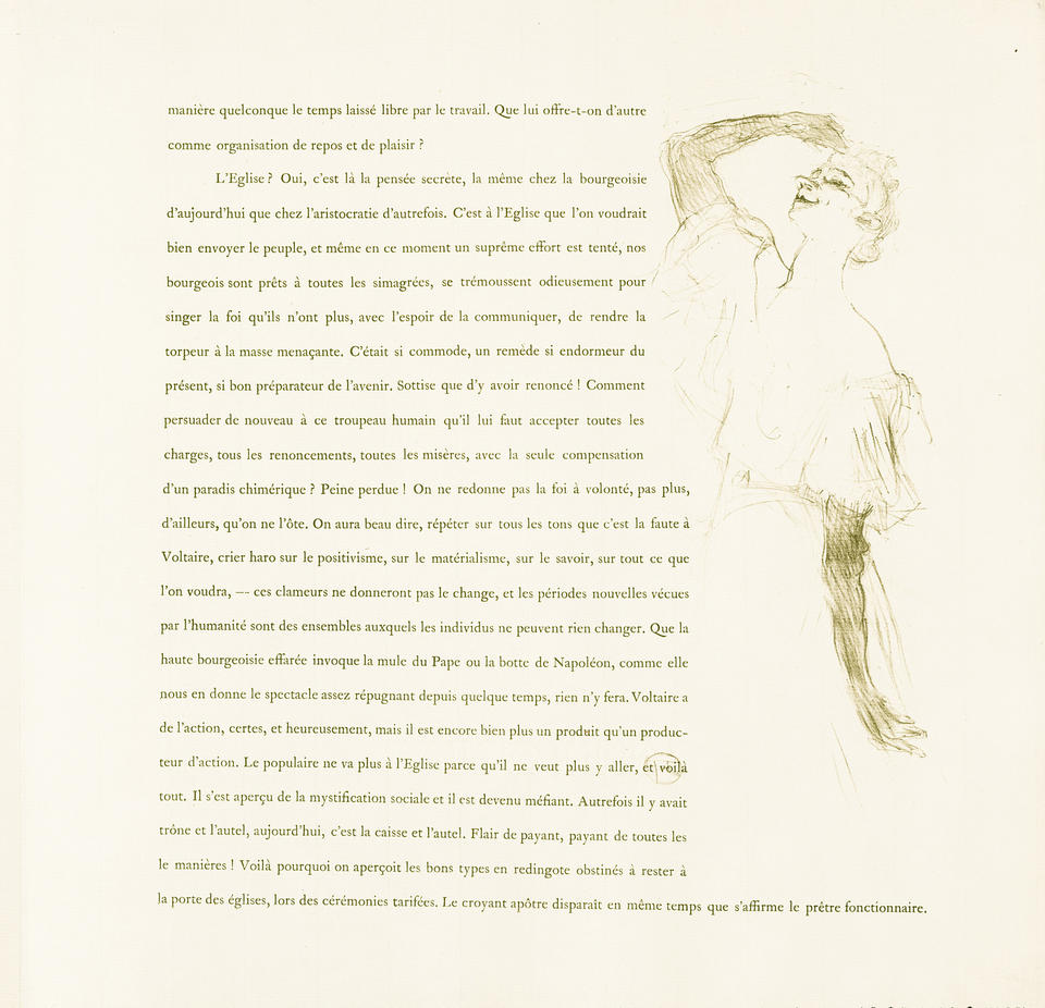 Illustration and text from 'Yvette Guilbert'. Guilbert is in performance. She holds one gloved hand to her forehead. Accompanied by paragraphs of text in French.
