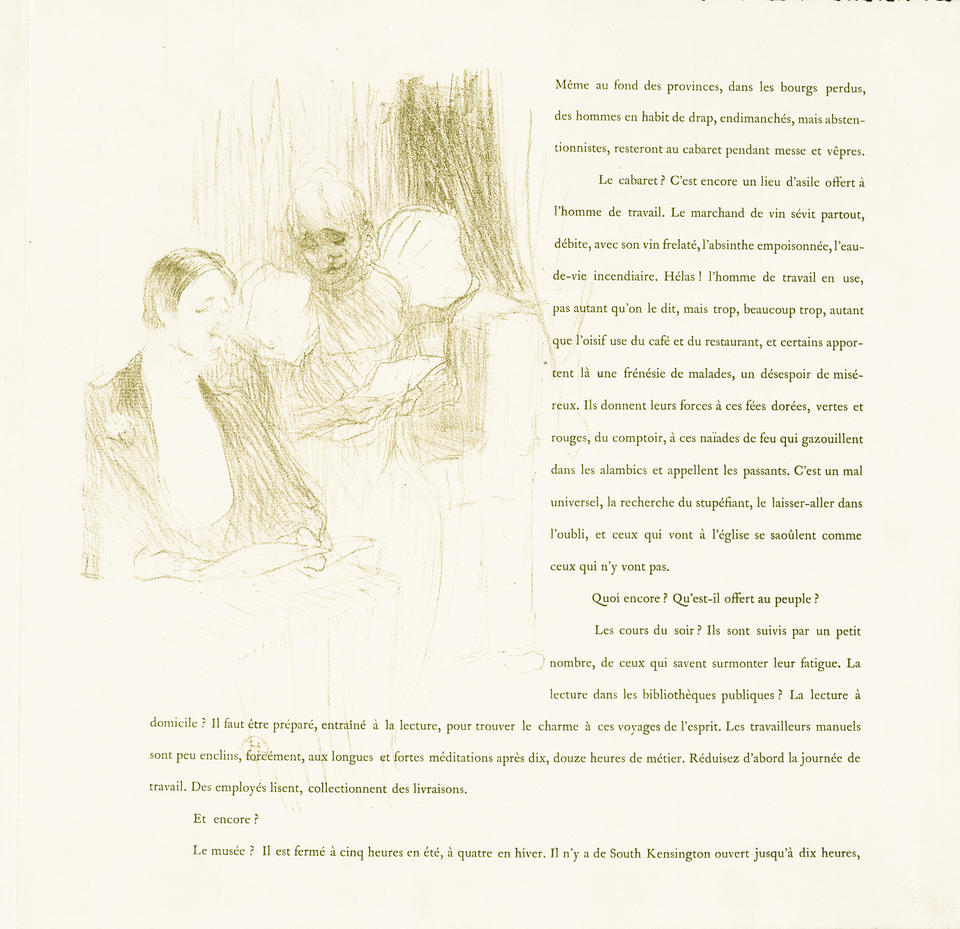 Illustration and text from 'Yvette Guilbert'. Two well-dressed theatergoers are rendered in soft linework. Accompanied by paragraphs of text in French.