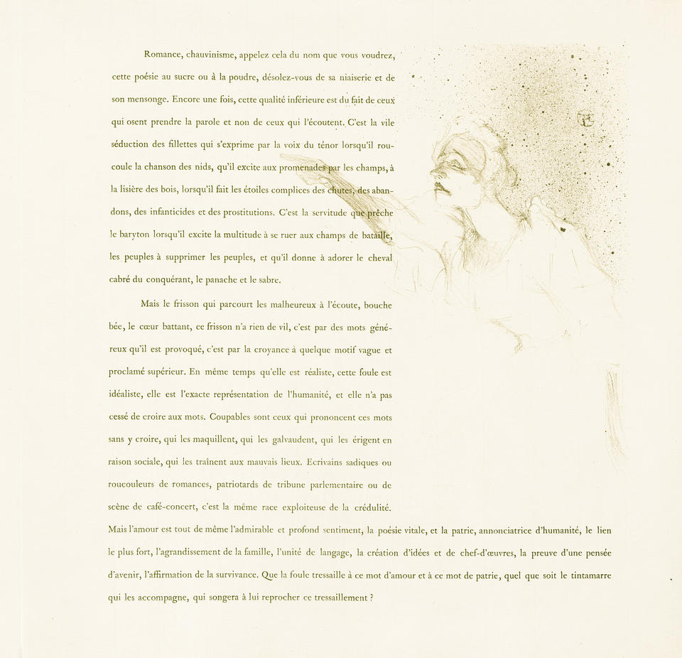 Illustration and text from 'Yvette Guilbert'. Guilbert is performing, lit from below, mouth downturned. She extends one gloved hand toward the audience. Accompanied by paragraphs of text in French.