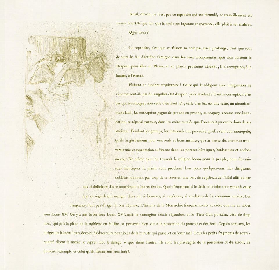 Illustration and text from 'Yvette Guilbert'. Shown from behind and lit from below, Guilbert looks in a mirror, one hand to her head. Accompanied by paragraphs of text in French.