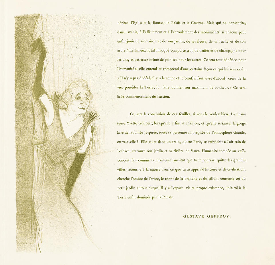 Illustration and text from 'Yvette Guilbert'. Bowing slightly, Guilbert reaches up, clutching the edge of the theater curtain with one gloved hand. Accompanied by paragraphs of text in French.