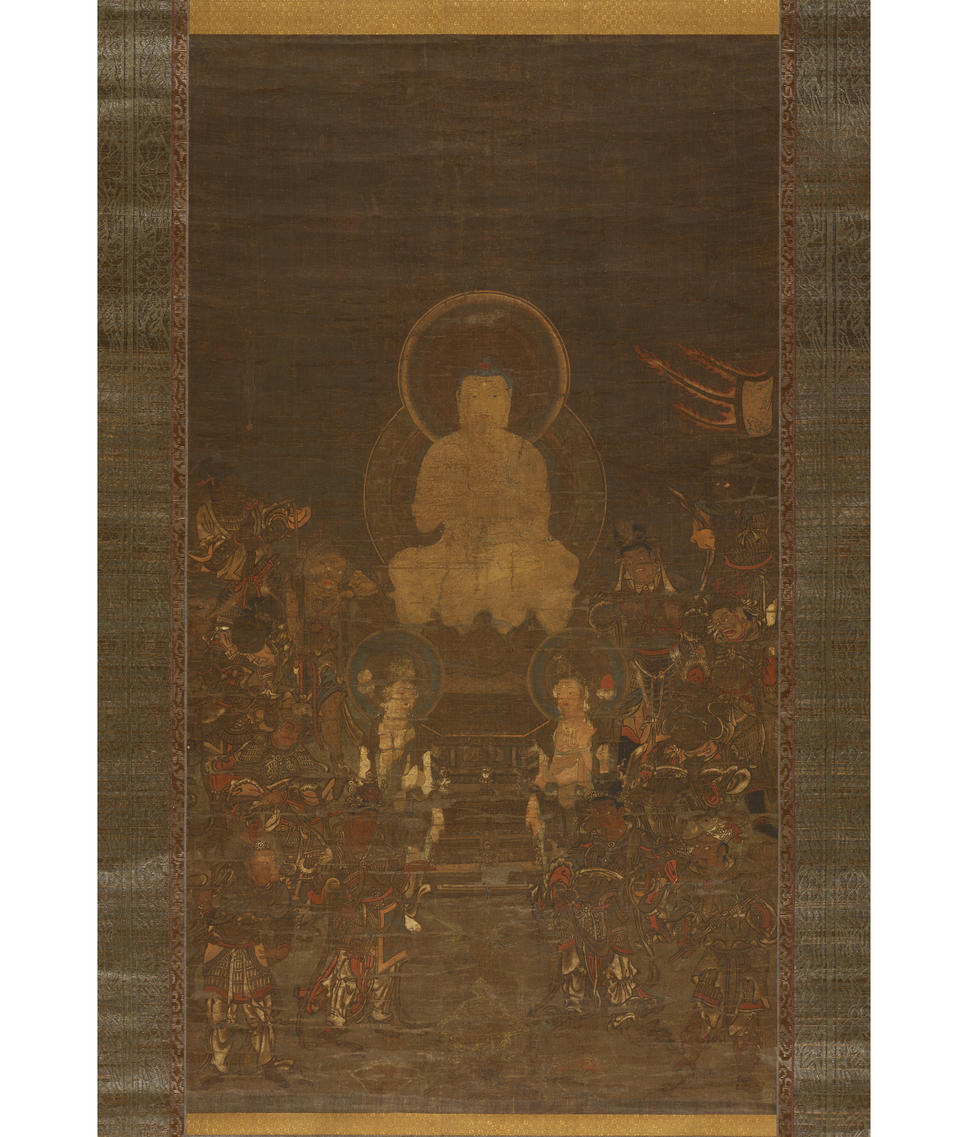 Earthy and faded ink painting on cloth depicting a haloed, centrally seated Buddha. At his feet are two smaller haloed men who are surrounded by a crowd of people.
