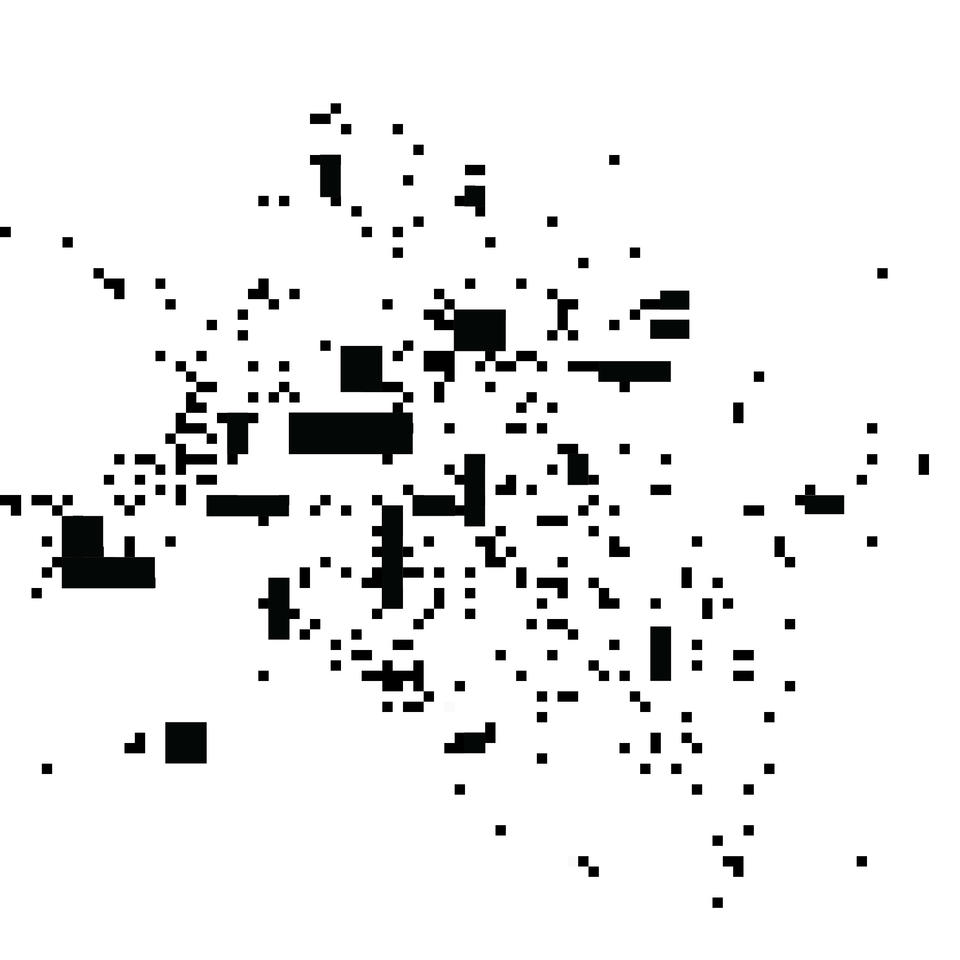 Pixels of black spots on a white screen. Some pixels are densely packed while other more spread-out.  
