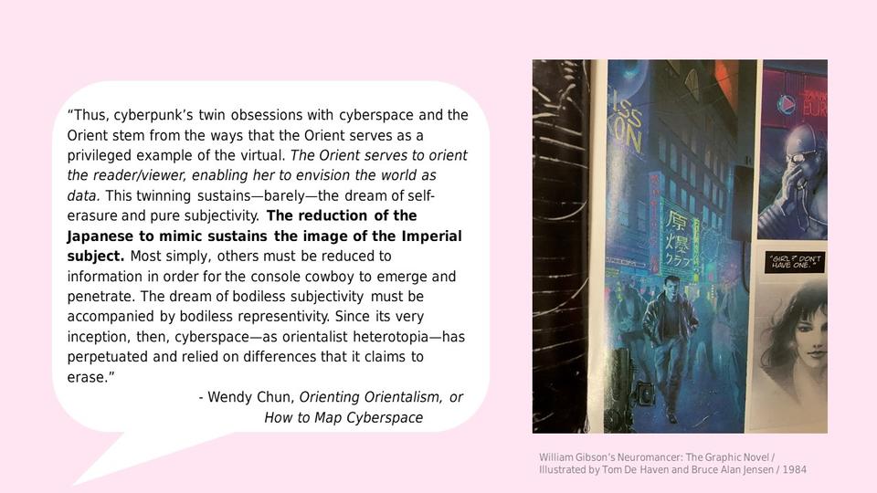 ink slide deck page with quote from Wendy Chun and page from William Gibson’s The Neuromancer Graphic Novel.