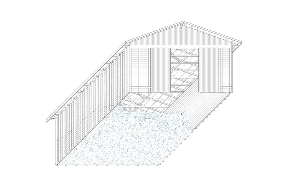A line drawing depicting a municipal salt storage shed in Mecosta County, Michigan