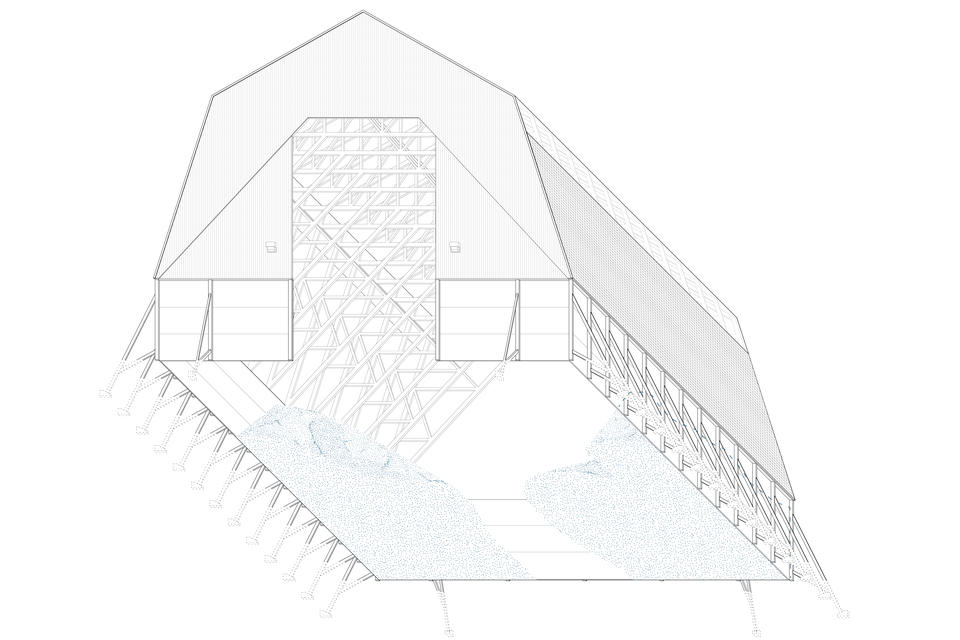 A line drawing depicting a municipal salt storage shed in Springville, New York