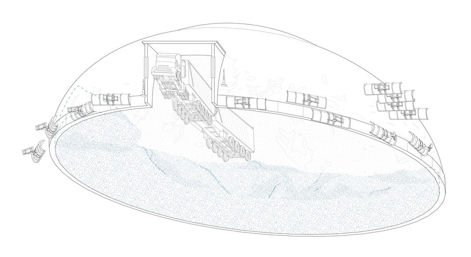 A line drawing depicting a municipal salt storage shed in Washtenaw County, Michigan