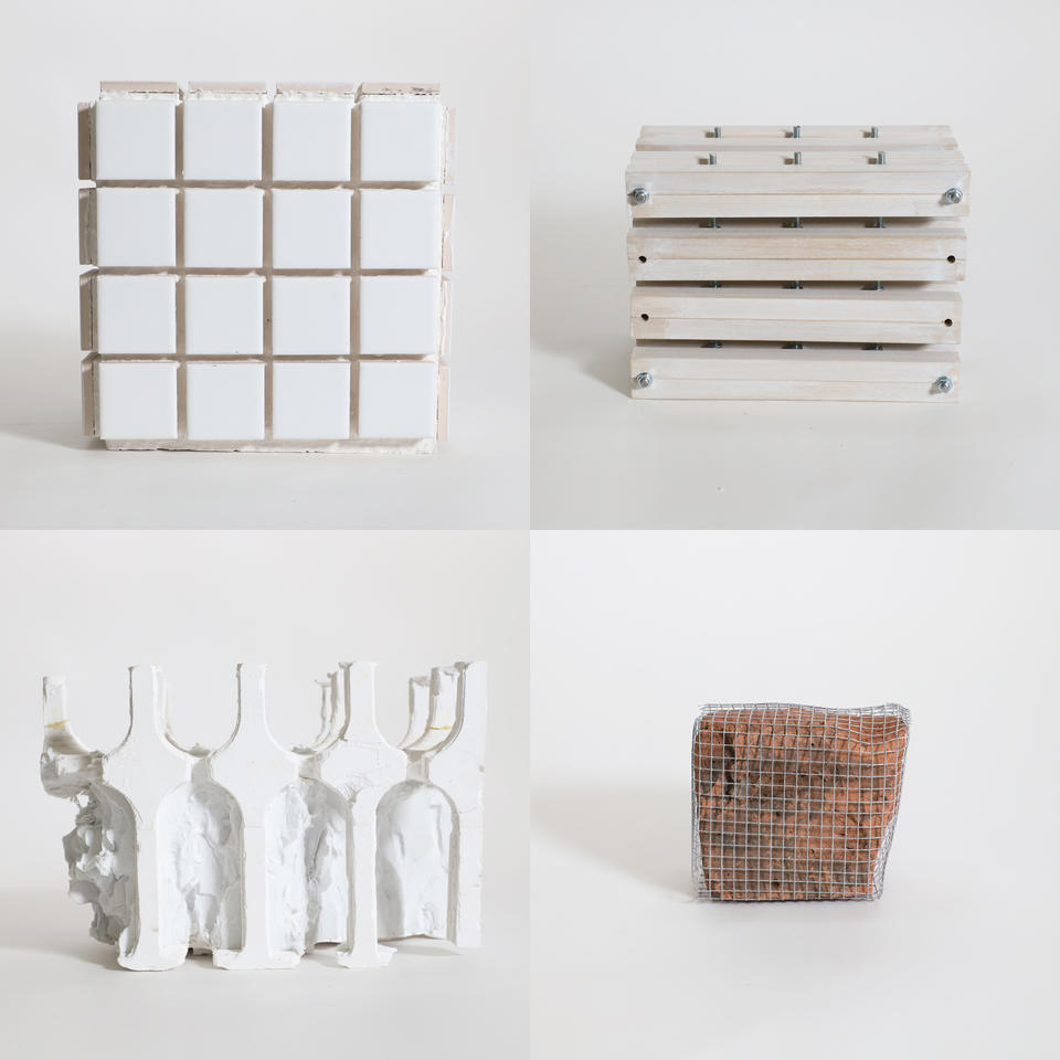 Four objects, each comprised of two materials, materials in conversation