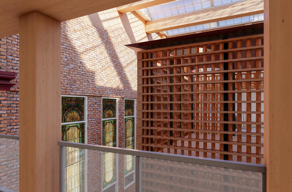 A brick screen sits in the center with stained glass windows to the left, and a skylight above.