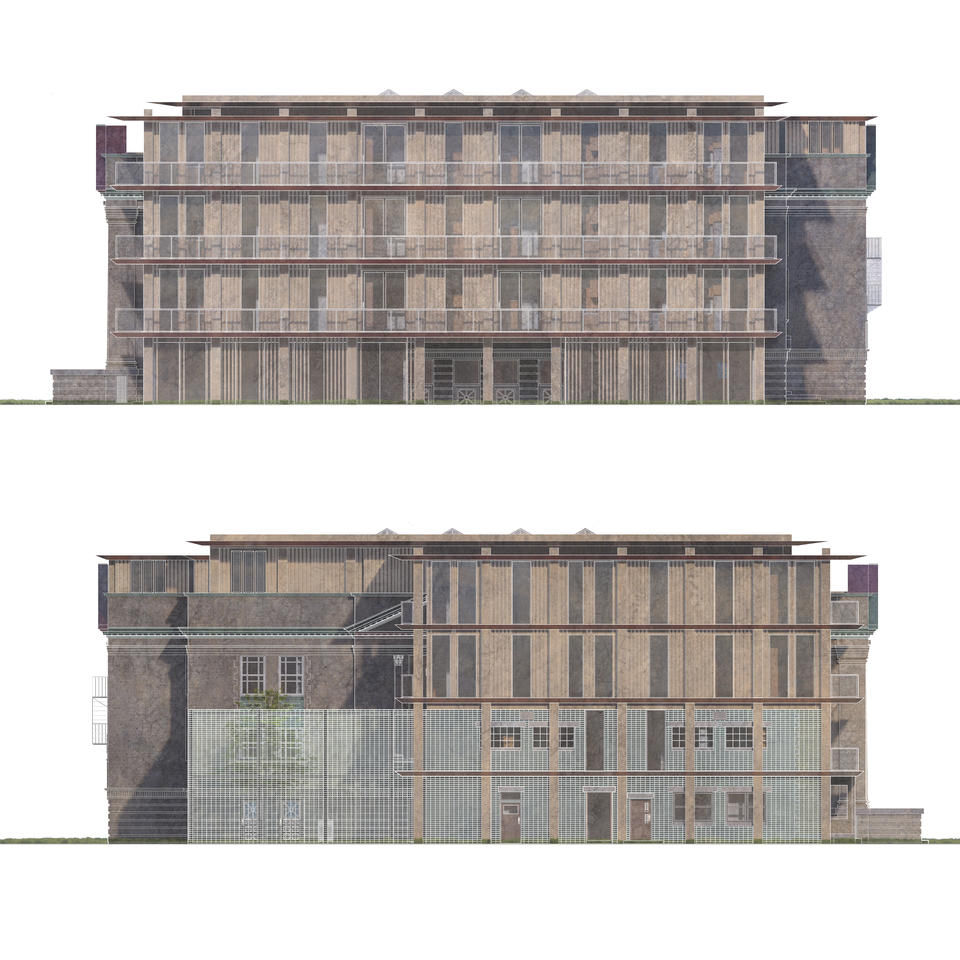 building elevations, from left and right side mainly featuring balconies.