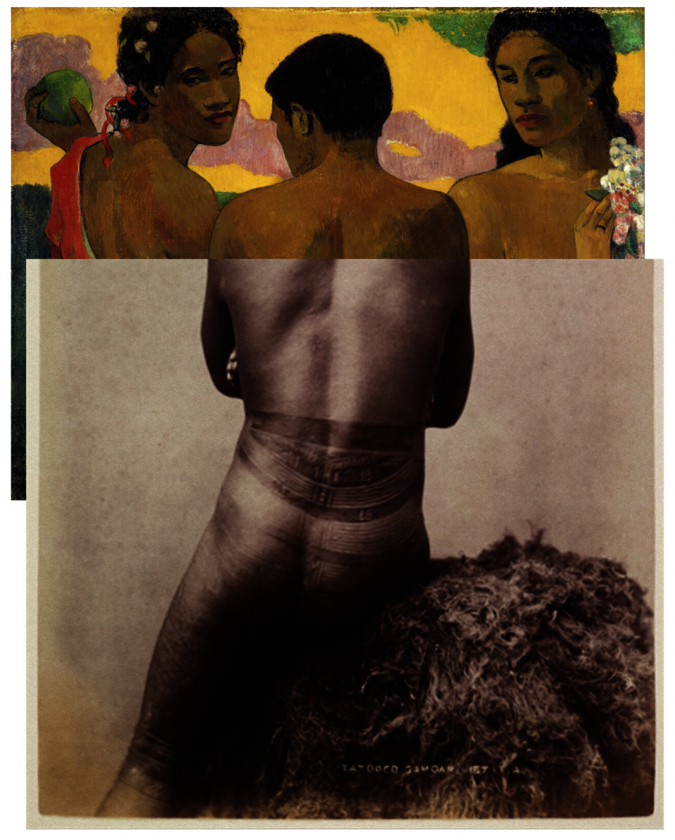 Yuki Kihara's work Three Tahiti Samoans after Gauguin combines a painting by the painter Gauguin of two feminine presenting and one male presenting Tahitians and a cropped sepia photograph of a male presenting body facing away from the viewer. The painting and photograph are cropped so that the man's upper body lines up exactly. 