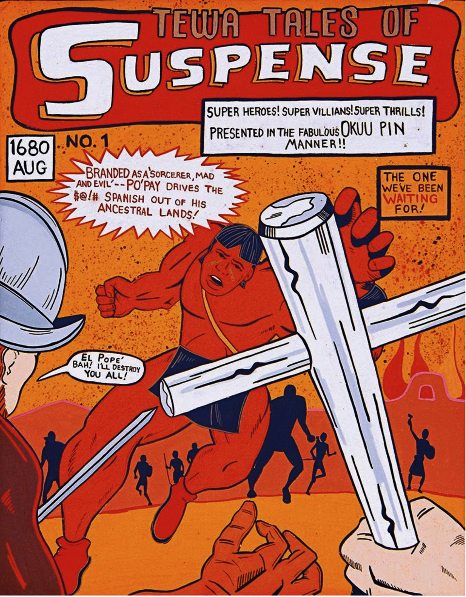 Jason Garcia's Tewa Tales of Suspense is a clay tile painted to represent a comic book cover featuring the Pueblo figure Po'pay in the foreground reaching for a white wooden cross held by someone out of scene while a Spanish warrior to the left defensively apprehends the protagonist. In the background, the blue and orange outlines of people and buildings appear in the distance.