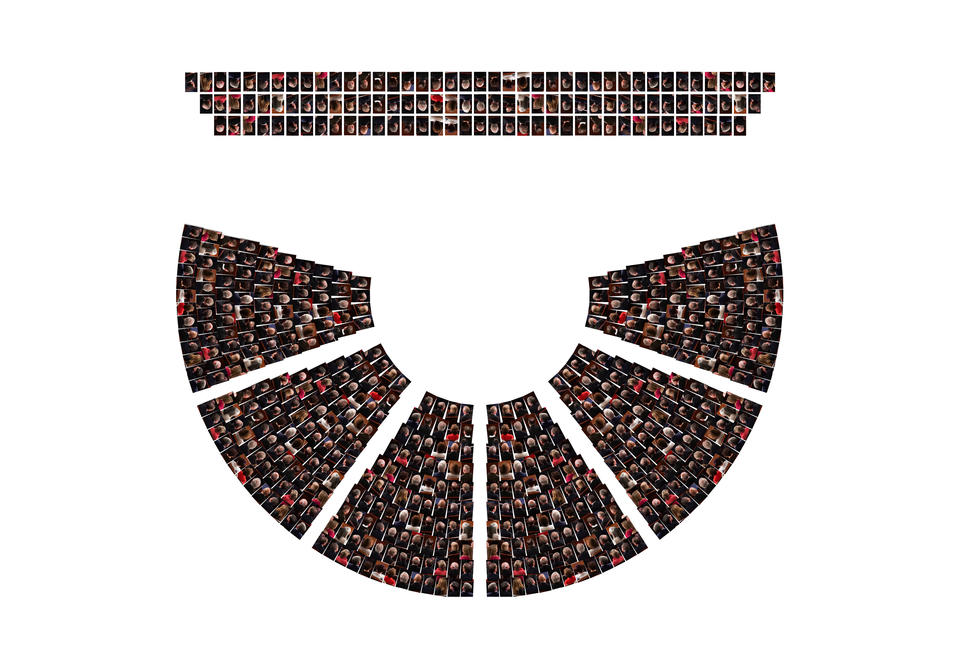 This image shows the cutout image of the politicians' heads facing away and is arranged based on the seating plan of the chamber of the United States House of Representatives.