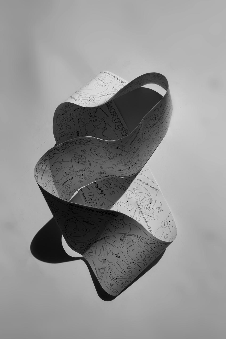 A paper mobius strip depicting illogical spiraling anxiety and neurosis using the graphical form of a Markov chain.