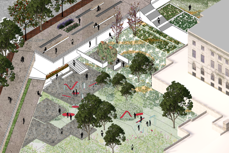 The order of the State House is disintegrated into the landscape with informal seating areas and a children’s park. A series of contemporary landscape features that include an exhibition space is featured here. Those simple walls could be used as a backdrop of State House events or temporary art exhibits. 