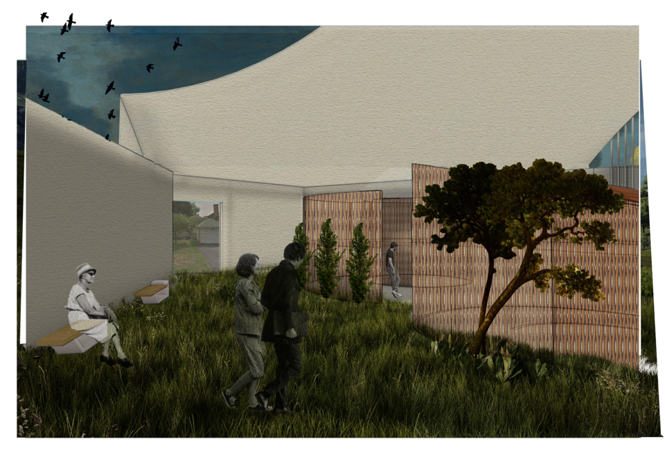 Images of people in a grassy area with wooden treatment rooms, some are relaxing, some are walking further into the space
