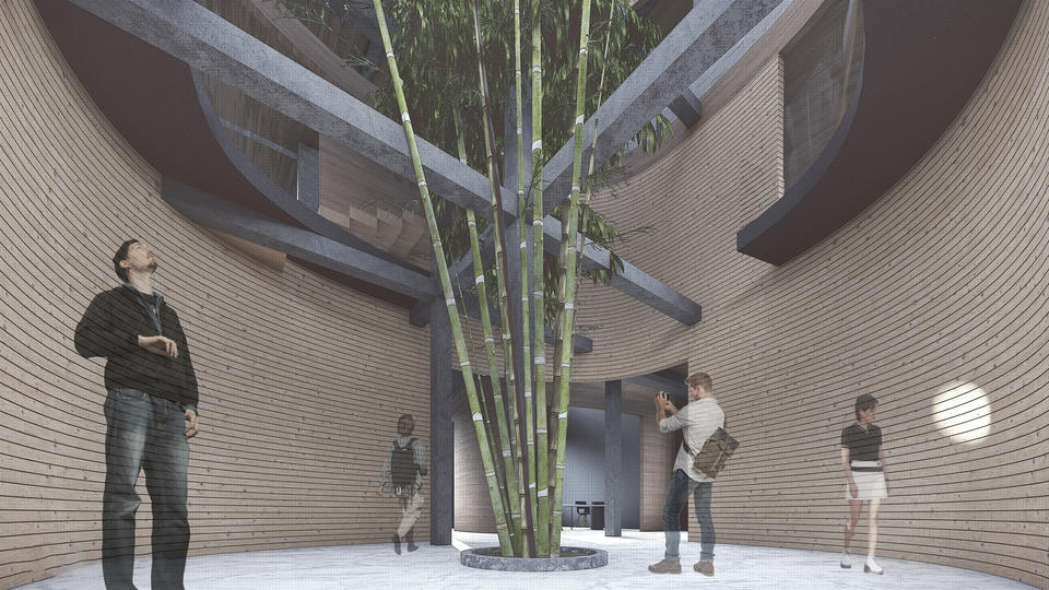 The courtyard will become a space that people can hang out in the interior space, the bamboo will also been use in the courtyard which people can have a channce to stay calm peaceful. Also, sometimes the courtyard will be the gallery to hold some temporary exhibition.
