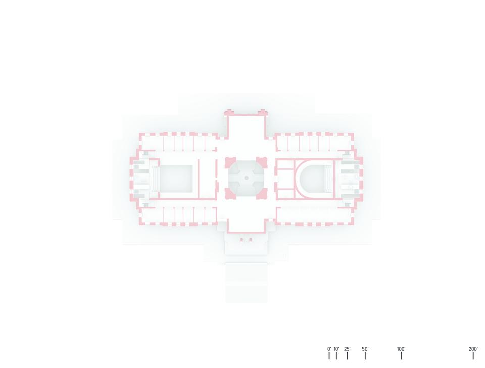 A floor plan of the third floor that highlights the existing gallery viewing spaces, activist atriums, and office spaces. 