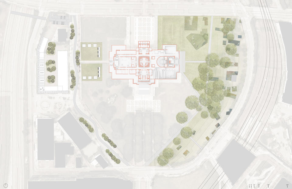 A site plan that reveals the immediate Rhode Island Statehouse campus and the Sub level or ground level floor plan.