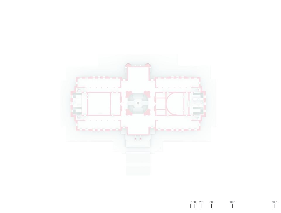 A floor plan of the second floor that highlights the existing house and senate chambers, activist atriums, and office pods that act as hearing rooms. 