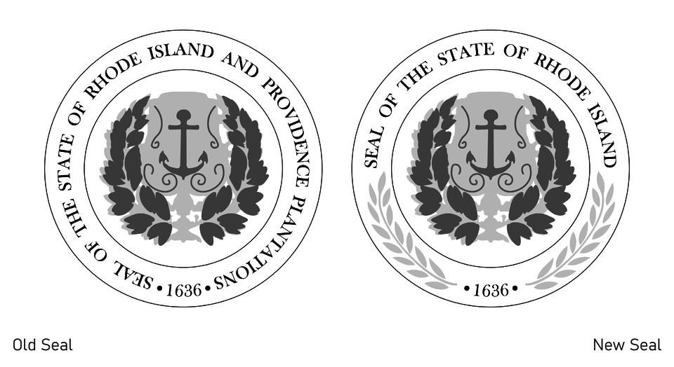 A graphic demonstrating the original Rhode Island State Seal as well as a proposed Seal change which would no longer include ‘Providence Plantations’.