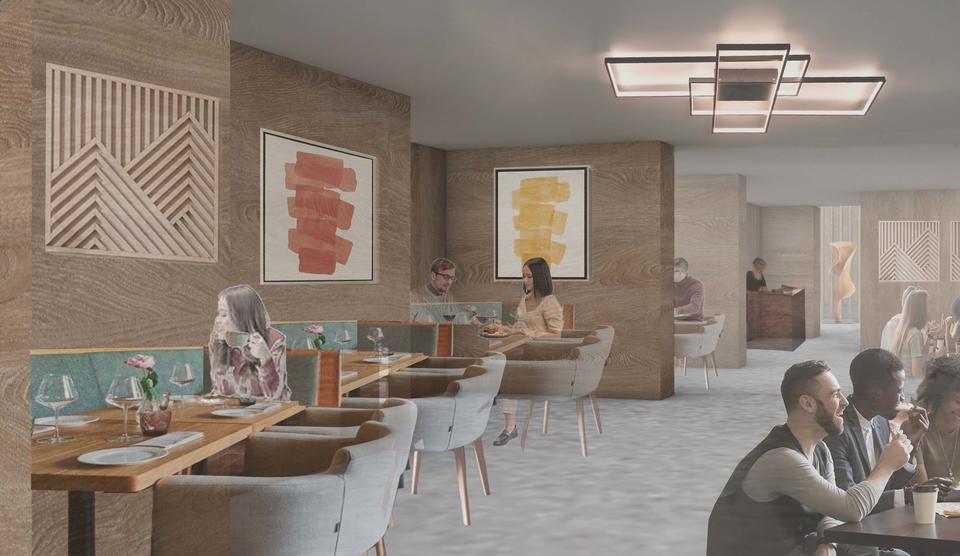 Render image of the cafe where we see how the restaurant makes its way through the existing structure of the building.