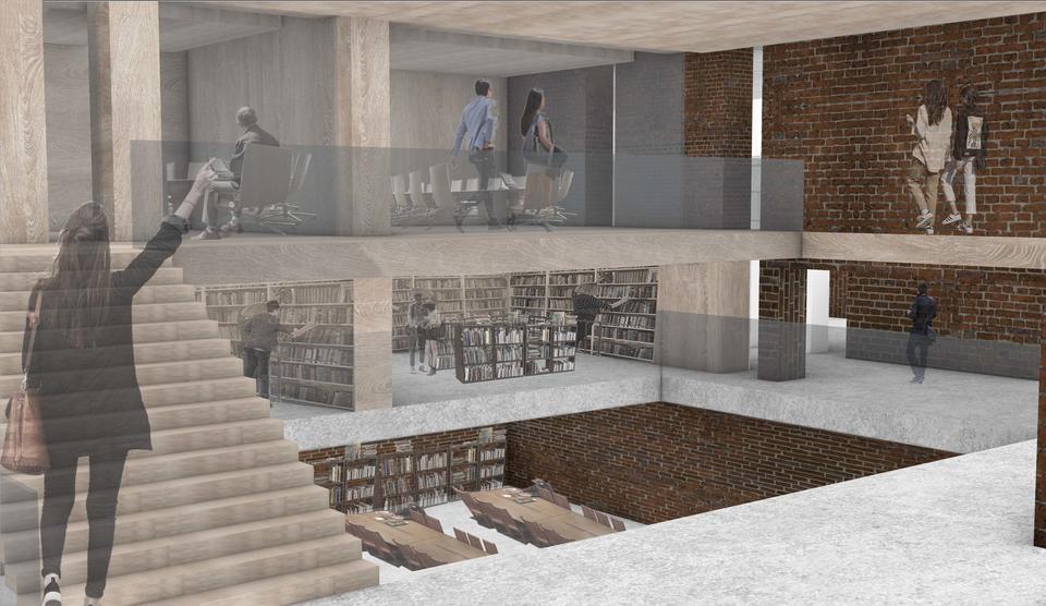 View of the triple-height, open space of the archive/study area.