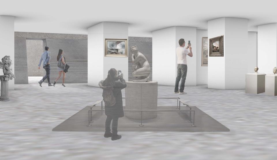 Render image of the gallery area, distributed among the existing structural elements of the building.