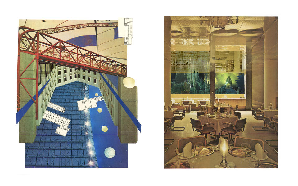 Two portrait-oriented collages depict an abstracted port structure and a diver peering into a gilded hotel dining room