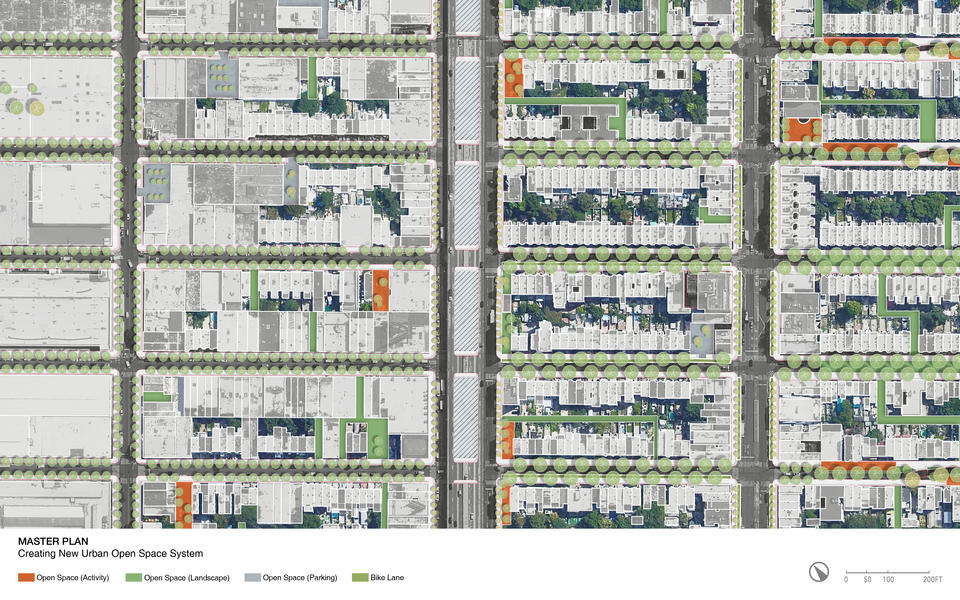 A master plan showing the newly proposed open spaces in the neighborhood.