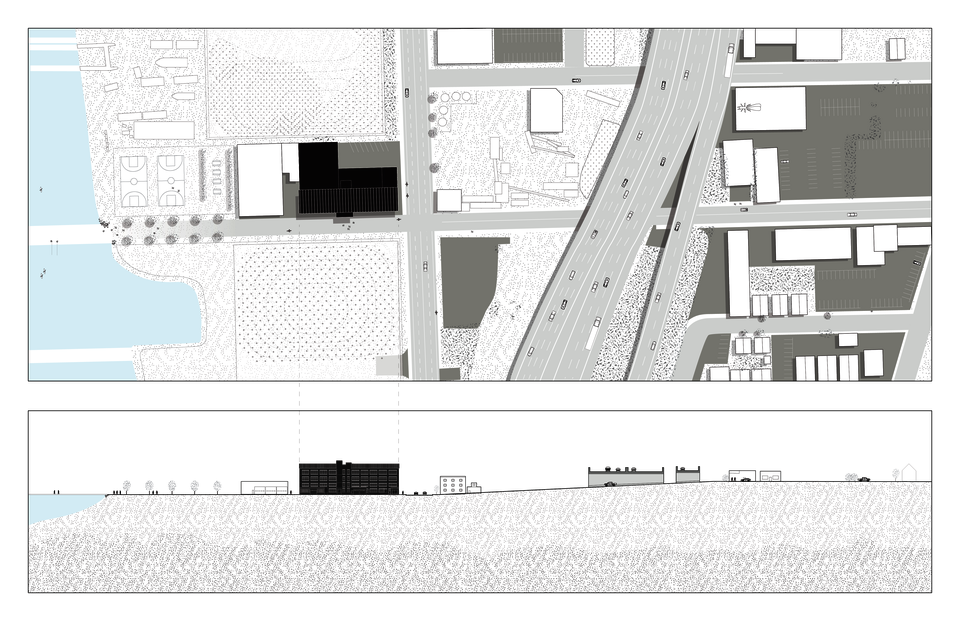 View into the surrounding context of the building in plan view and section view 
