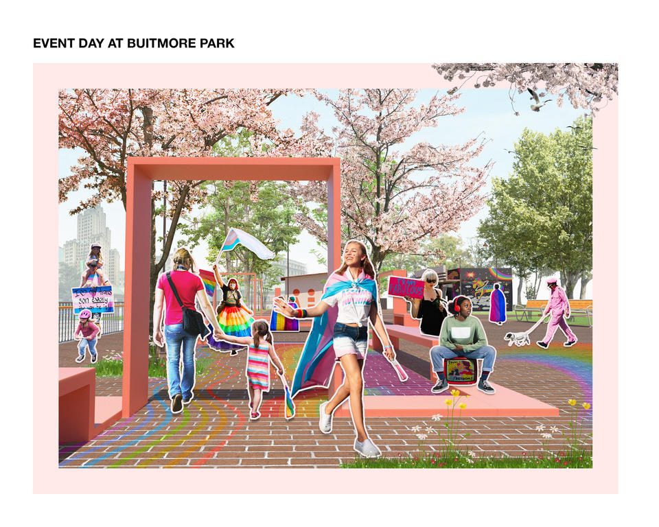 This colorful render showcases what it would look like on Trans Awareness Day on site. The flexible open space with seating structure allows people to gather freely and celebrate. 
