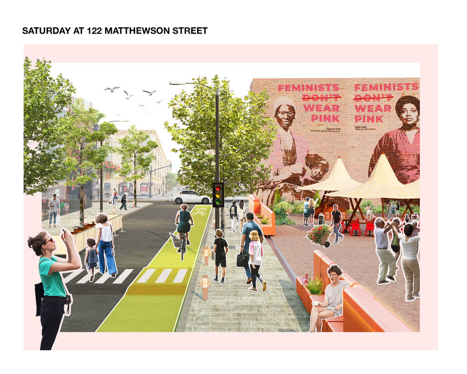 A convertible street that focuses on pedestrian safety and provides flexible open space for various  (Farmer's Market or art exhibitions)