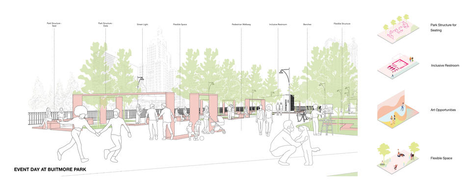 Inclusive, Active, and Innovative Park Space in Downtown with Creative Seating Structure 