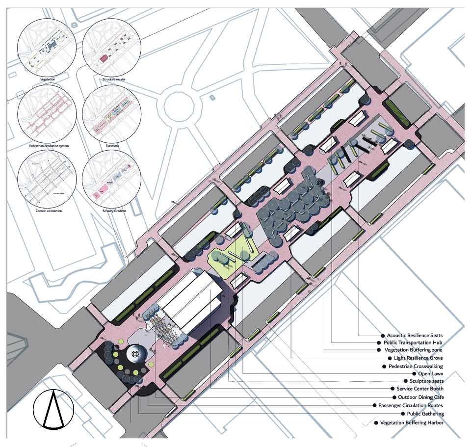 Master plan of renovated Kennedy plaza with diagrams highlingting design elements.