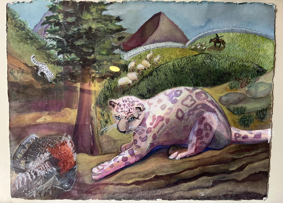 Watercolor painting of a farm in Mongolia; a snow leopard cub sits in the foreground looking down upon a dead bird in a bear trap.