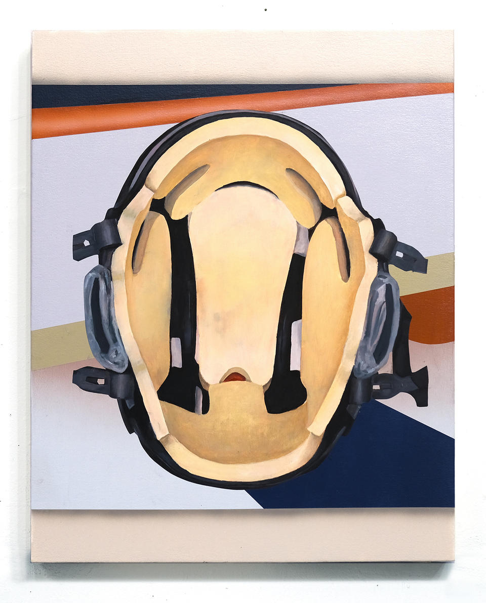 A painting of the inside of a hockey helmet floating over a simplified geometric portion of a hockey rink