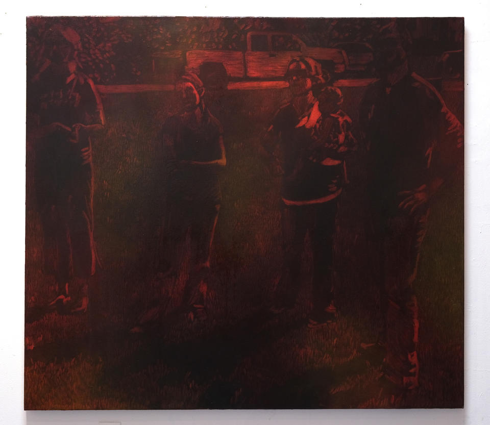 Painting of family standing in an open field with a neighborhood in the background, seen through a red fog