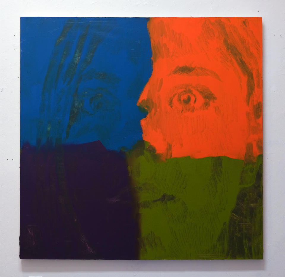 Painting of a girls face made of 4 squares of color, blue orange purple and green