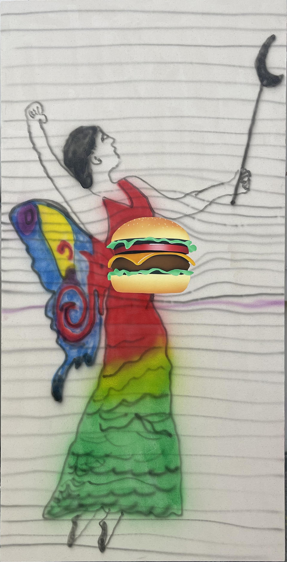 A fairy god mother granting a wish that is a giant hamburger
