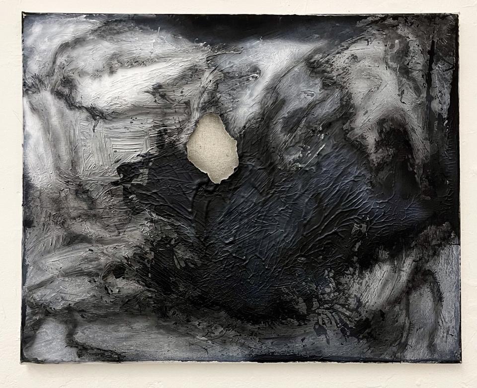  An abstract, monochromatic painting with a rock-shaped hole in the middle where the gesso was sanded off, revealing the textile underneath.  