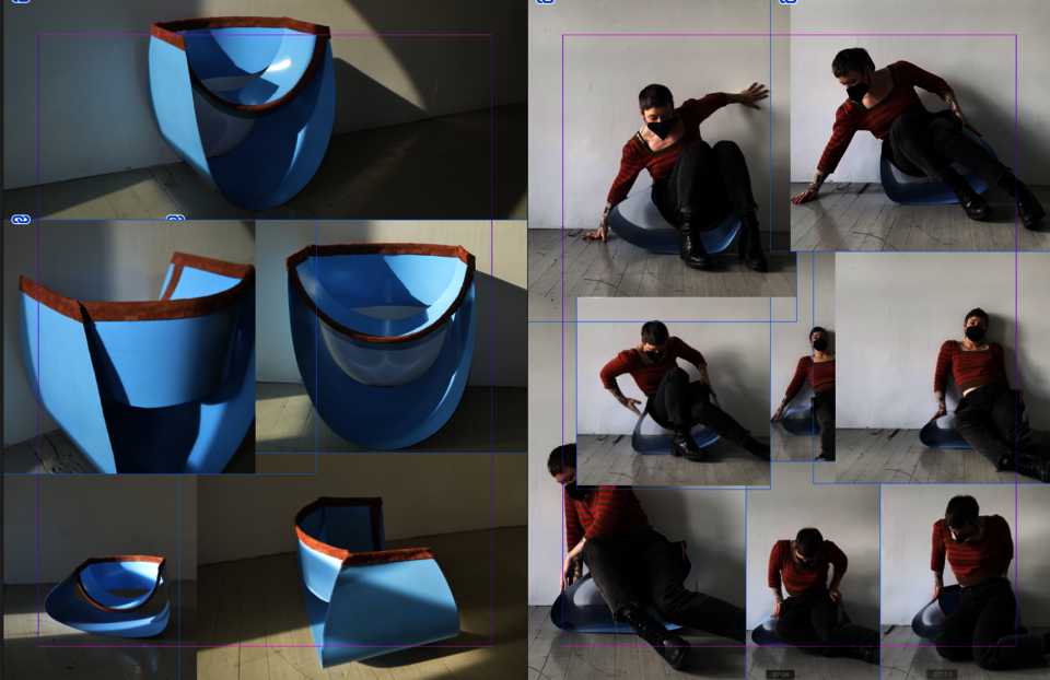 A series of snapshots of before, during and after a blue steel chair is rocked side to side until its round bottom flattens out.