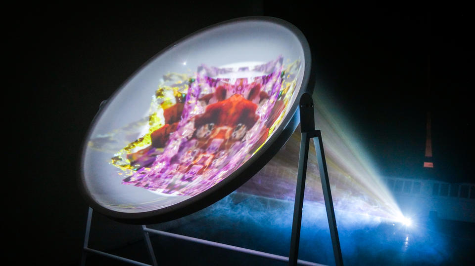 Photogrammetry animations projected on an acrylic dome and fog..