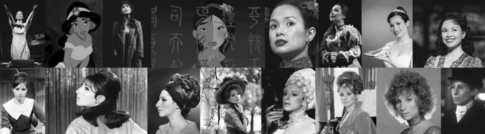 There are two rows of photos; on the top is Lea Salonga in various roles; on the bottom is Barbra Streisand in various roles