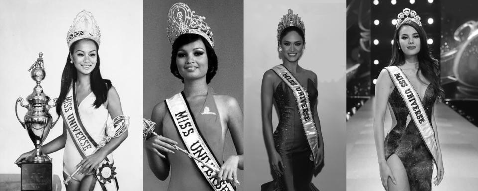 Four black and white photos are side by side.  They are the first four Miss Universe Philippines post crowning. 