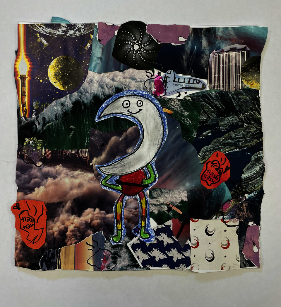 Student artwork made using a mix of collage materials, shows a super hero moon figure standing in the center with ocean below them and outer space above them, trash is scattered throughout. 
